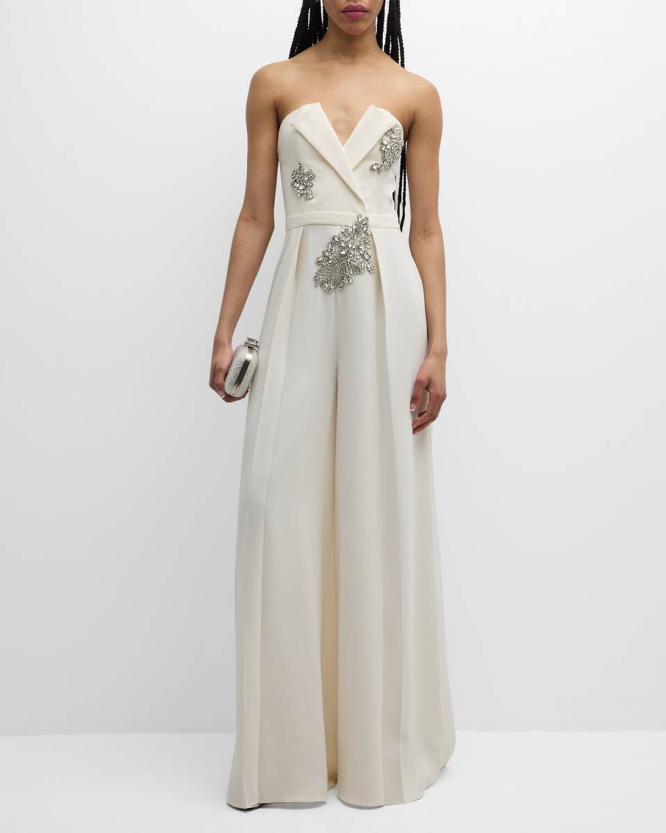 Crystal Embroidered Crossed Strapless Wide-Leg Cady Jumpsuit